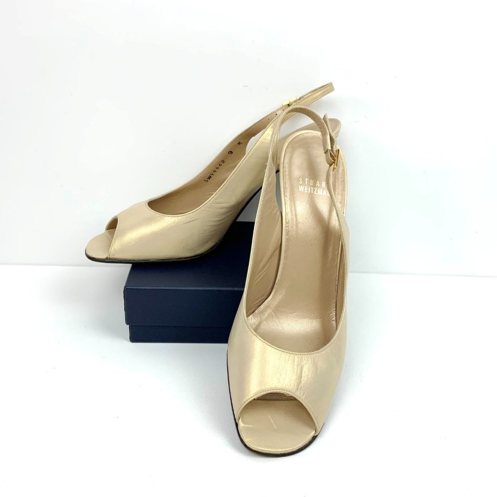 Stuart Weitzman Leather Metallic Gold Slingback Peep Toe Heels Sz 9 - Picture 7 of 16